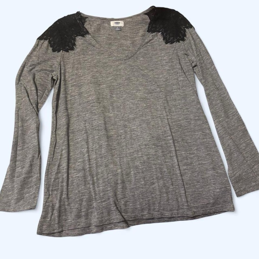 Old Navy Heather Gray Long Sleeve Top with Black Lace Detail